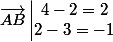 \vec{AB}\left|\begin{matrix}4-2=2\\ 2-3=-1 \end{matrix}
